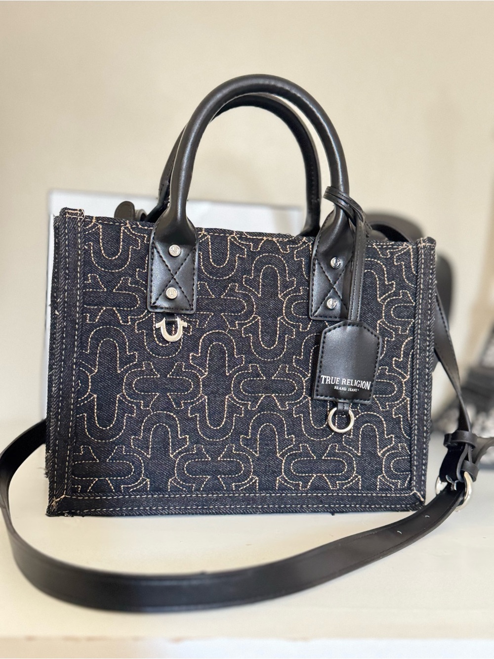 True Religion Black Denim Satchel with Leather Trim and Logo Stitching